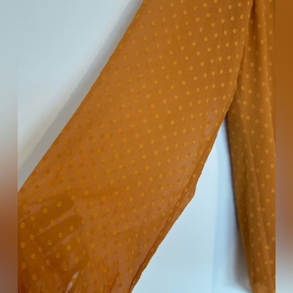 Chicos Mustard Yellow/ Swiss Dot/ Blouse w/ sheer sleeves and neck tie. Size 1 - Picture 3 of 7